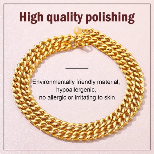 Miniatura 2 de FindChic - Collar con cadena para hombre chapado en oro de 18 quilates acero inoxidable doble apretado eslabones cubanos para hombres y niños
