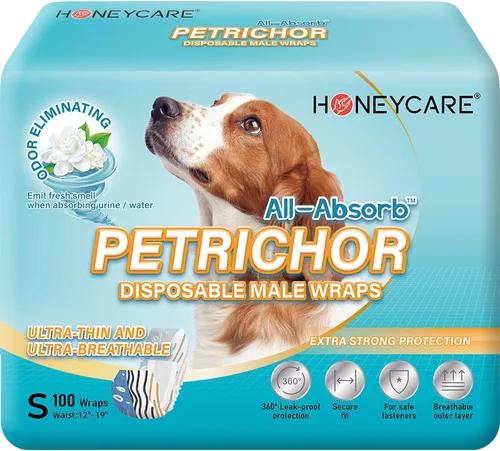 HONEY CARE All Absorb Petrichor - Pañal para perro macho, desechable, pequeño, blanco, 100 unidades