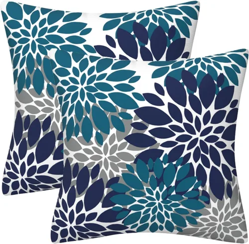 Miniatura 6 de Juego de 2 fundas de almohada decorativas de dalia azul marino, rojo, gris, dalia floral, para interiores y exteriores, funda de almohada