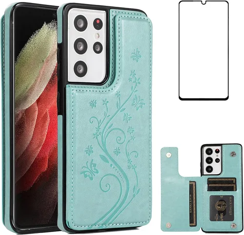 Miniatura 10 de Funda de teléfono para Samsung Galaxy S21 Ultra Glaxay S21ultra 5G con protector de pantalla de vidrio templado, tarjetero y cartera con soporte