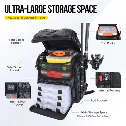 Miniatura 7 de PLUSINNO Mochila de aparejos de pesca con soportes para cañas, 42L resistente al agua bolsa de pesca tienda equipo de pesca, regalos de pescador