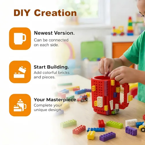 Miniatura 5 de Lumsburry Taza de café de ladrillo integrada, divertida taza de bricolaje con bloques de construcción creativa para niños, hombres y mujeres, Rojo
