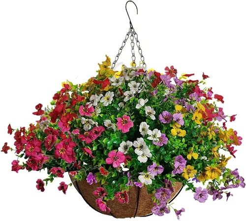 Cesta colgante con cadena, planta verde artificial, flor de eucalipto para decoración de balcón al aire libre, colorida (una pequeña cesta y flores