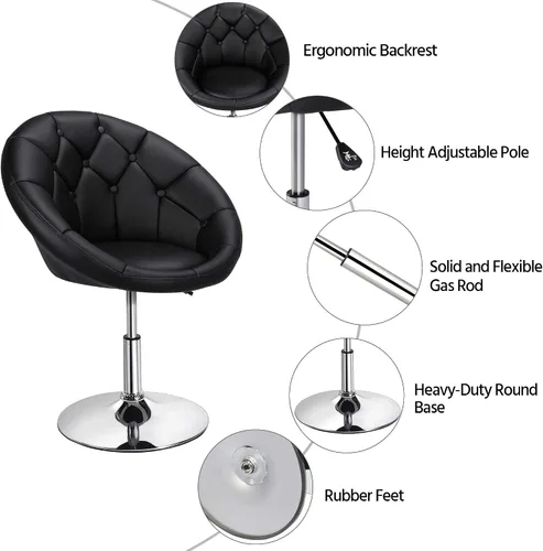 Miniatura 5 de Yaheetech Silla contemporánea con respaldo tapizado redondo, altura ajustable, giratoria, moderna, para tocador, negra