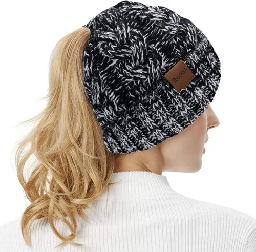 Miniatura 6 de Rosoz Gorro de cola de caballo para mujer, gorro cálido de invierno, suave, elástico, de punto trenzado, para moño alto