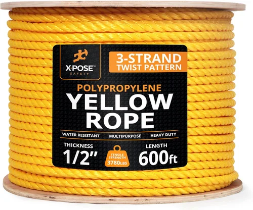 Miniatura 81 de Cuerda de polipropileno trenzado amarilla, 1/2 pulgada de grosor x 50 pies de largo, cuerdas de polietileno resistentes para uso en exteriores