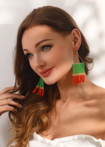 Miniatura 5 de Aretes de borla hechos a mano, aretes de cuentas de semillas, aretes bohemios con flecos para mujer