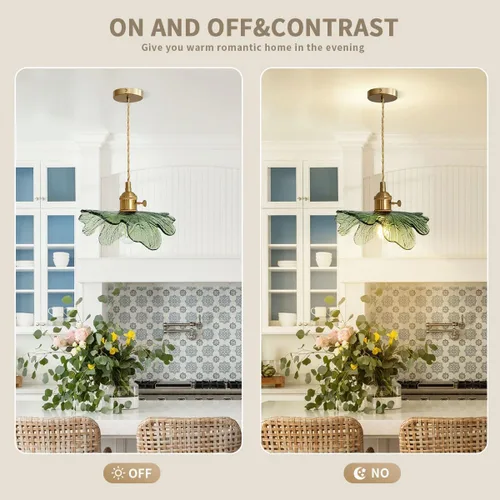 Miniatura 4 de Lámpara colgante colgante de 1 luz, lámparas colgantes de latón dorado, pantalla de vidrio de flores verdes, iluminación colgante moderna