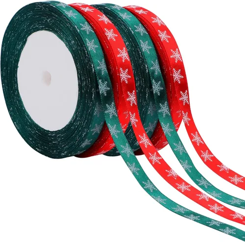 4 rollos de 100 yardas de cintas de copo de nieve de Navidad para envolver regalos, cinta de satén roja y verde de 10 mm de ancho para decoraciones