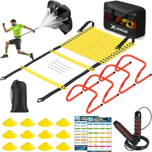 X-UMEUS Agility Ladder Speed Training Equipment Set-20ft Agility Ladder,12 Soccer Cones,4 Hurdles, Jump Rope, Running Parachute| Basketball Football