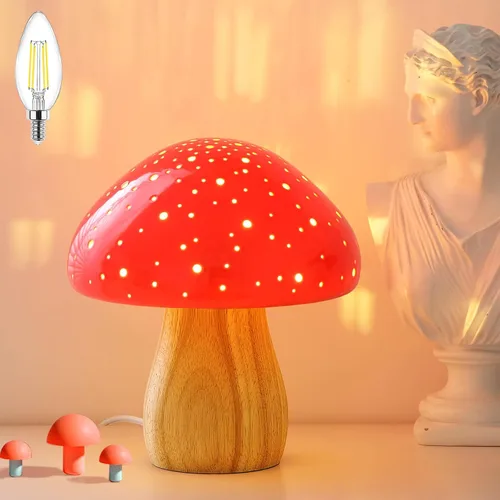 Miniatura 9 de BOHON Lámpara de Hongo, Lámpara de Mesa de Cerámica para Mesita de Noche del Dormitorio, Luz Nocturna Naranja Vintage Retro, Lámpara Estética