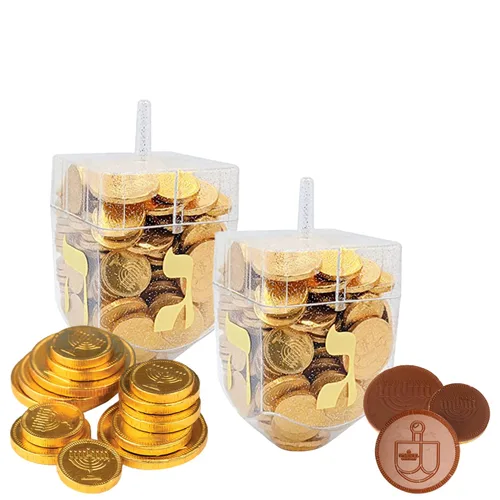 Miniatura 5 de The Dreidel Company Paquete de 6 Dreidel rellenos de monedas de gel de chocolate de Hanukkah, gelt de leche de Janucá, con menorá y diseño Dreidel