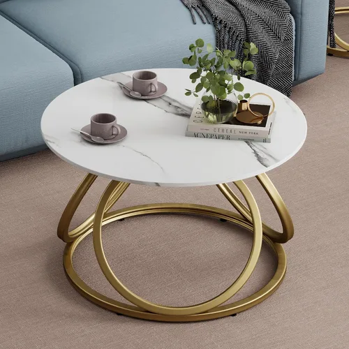 Miniatura 5 de O&K FURNITURE Mesa auxiliar redonda dorada, parte superior de mármol sintético con venas, mesa central moderna con marco de metal dorado, para sala