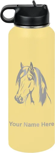 Miniatura 72 de LaserGram Botella de agua personalizada, cabeza de caballo 1, acero inoxidable de doble pared aislada al vacío con popote superior, regalo grabado