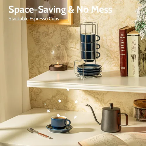 Miniatura 4 de Sweese - Juego de 4 tazas de café espresso apilables de porcelana con platillos y soporte de metal, 4 onzas, color azul marino