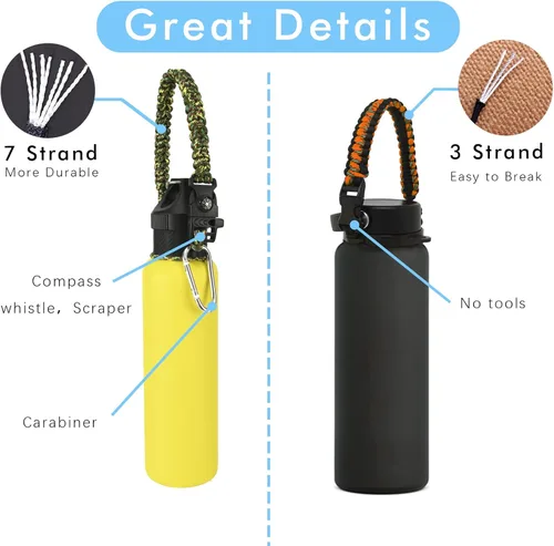 Miniatura 3 de Paracord Handle for Hydro Flask Water Bottles Standard Mouth, Strap Holder with Safety Rubber Ring & Carabiner, Easy to Carry and Durable Reusable