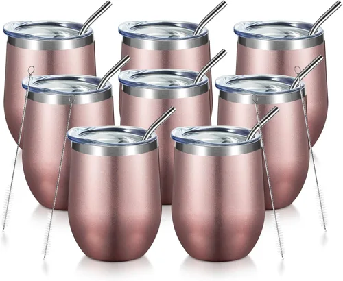 Miniatura 15 de COMOOO Vaso de vino aislado de 12 onzas con tapa, vaso de vino de acero inoxidable sin tallo, vaso de vino de doble pared al vacío con pajita, café