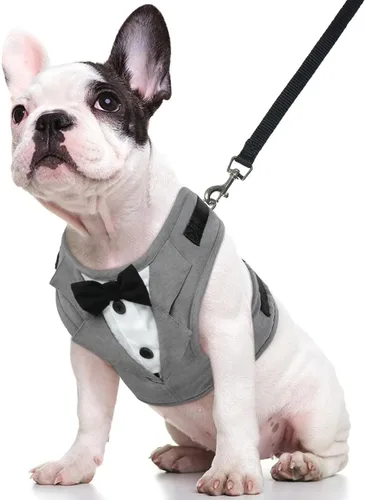 Miniatura 8 de Kuoser Arnés de esmoquin para perro, arnés ajustable para mascotas sin tirones para perros pequeños y medianos, traje de boda para perros con Negro