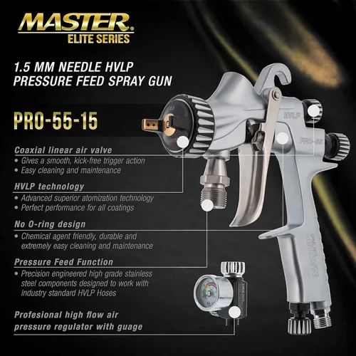 Miniatura 2 de Master Elite PRO-55 HVLP Pistola de pintura en aerosol automotriz con punta de 1.5mm - Pistola rociadora de alimentación a presión para pintar capas