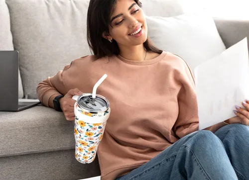Miniatura 7 de Zenbo Vaso térmico de 50 onzas con asa y tapa con popote, vasos aislados de acero inoxidable, mantiene las bebidas frías hasta 34 horas, cabe