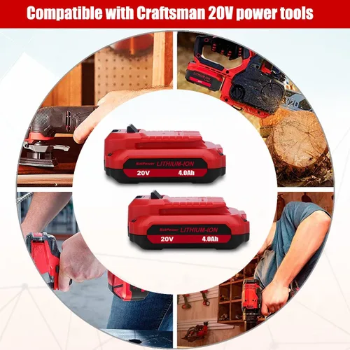 Miniatura 3 de BatPower Paquete de 2 baterías de repuesto compatibles con el sistema Craftsman V20, batería compacta de iones de litio de 4.0 Ah para herramientas