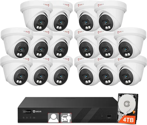 Anpviz Sistema de cámara de seguridad PoE de 16 canales 4K con audio bidireccional, 16 cámaras de torreta IP con cable de 8 MP para exteriores,