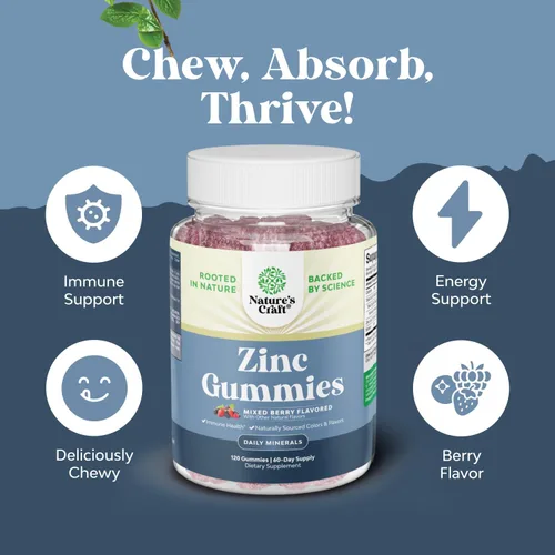 Miniatura 5 de Gomitas de zinc extra fuertes para adultos, suplementos de zinc masticables para mujeres y hombres para apoyo energético e inmunológico, vitaminas