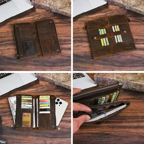 Miniatura 14 de Genuino Caballo Loco Cuero Regalo de Viaje Moneda Bolsillo Tarjetero Organizador Largo Cadena Rfid Cartera Monedero Con Broche Para Hombres Hombres