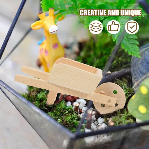 Miniatura 6 de jojofuny Modelo de carretilla de madera pequeña, carrito en miniatura para casa de muñecas, jardín de hadas y decoración del hogar, diseño ligero