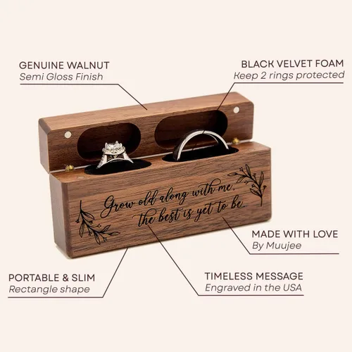 Miniatura 2 de MUUJEE Caja de doble anillo Caja de madera delgada grabada para boda, ceremonia de compromiso, propuesta de anillo caja para 2 anillos, ideas
