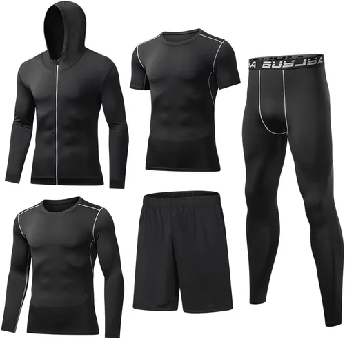 BUYJYA Pantalones de compresión para hombre, camisa de manga larga, conjuntos atléticos, ropa de gimnasio, entrenamiento, 5 uds