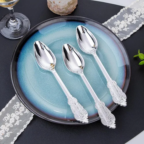 Miniatura 5 de WDF 100 cucharas de plástico plateadas desechables, cubiertos de plata barrocos de 6.93 pulgadas para pastel de postre, cucharas de plástico Rojo