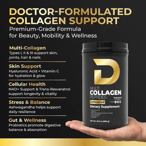 Miniatura 2 de D Collagen Store - Polvo de péptidos de colágeno múltiple formulado por médicos para la piel, el cabello, las uñas y el soporte intestinal, sin