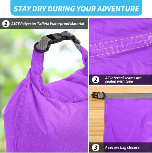 Miniatura 4 de Juego de bolsas secas, impermeables, pequeñas y ligeras, bolsas secas para tabla de remo, kayak, pesca, campamento (morado, 40L, 2 unidades)
