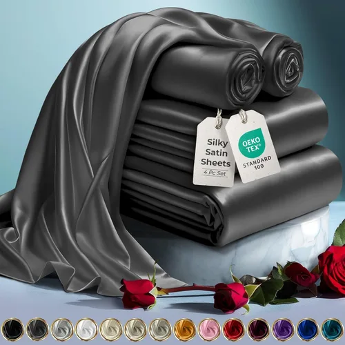 Miniatura 61 de DECOLURE Sábanas de satén para cama - Juego de 6 piezas de ropa de cama de lujo sedosa tamaño King - Más suave que la seda, sin arrugas con sábana