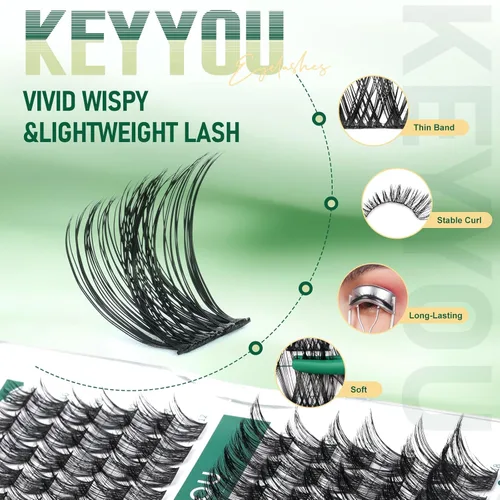 Miniatura 3 de KEYYOU Racimos de pestañas, 96 piezas de extensiones de pestañas DIY, rizado D de 16 mm, negro, realista, no irritante, fácil de colocar en casa