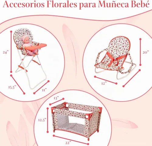 Miniatura 5 de Conjunto de accesorios para muñeca bebé floral, cuna para muñeca de 3-1, silla alta y asiento rebotador para muñeca. Accesorios para muñeca de 18
