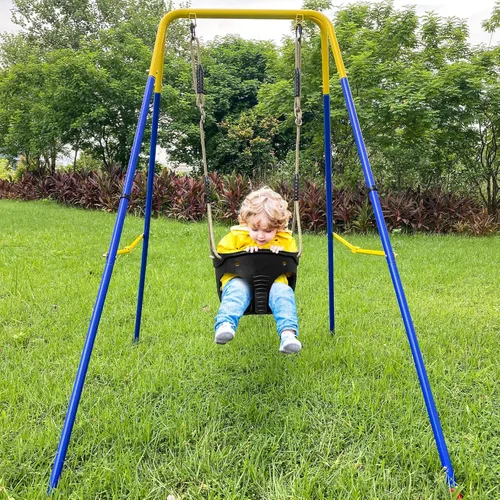Miniatura 5 de SELEWARE Juego de columpios para niños pequeños con soporte plegable de acero para uso en interiores y exteriores, bonito diseño en forma de Negro