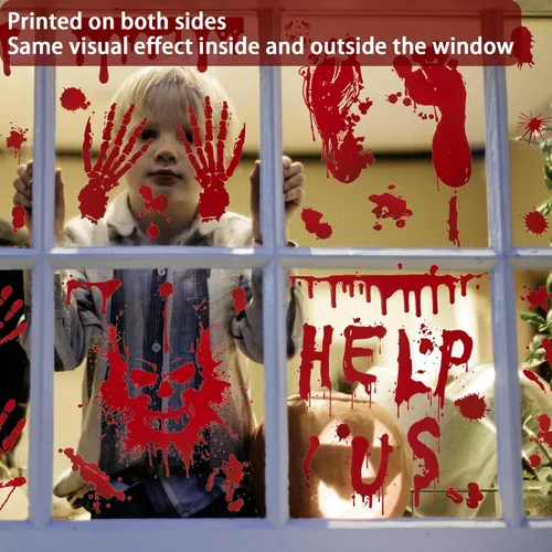 Miniatura 2 de Decoraciones de Halloween para ventana, 9 hojas, 90 unidades, calcomanías de huellas de manos sangrientas con 10 calcomanías de tatuaje, calcomanías