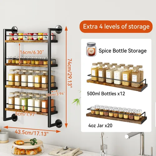 Miniatura 5 de IBUYKE Estante para Especias de Pared, Organizador Colgante de Condimentos de 4 Niveles, Estante Grande para Pared para hasta 50 Frascos, Marrón