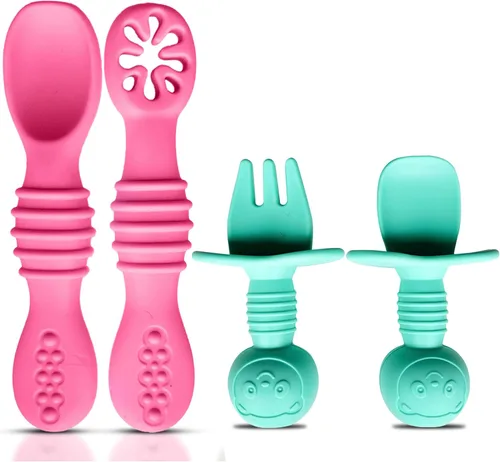HippoBaby Juego de 4 cucharas de silicona para bebé autoalimentación Utensilios para bebé 6-12 meses - 3 cucharas para bebé - 1 tenedor para bebé -