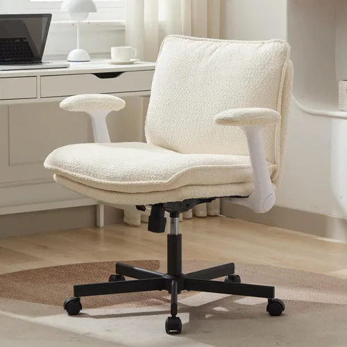 Kassipo Silla de Oficina con Patas Entrecruzadas con Ruedas y Brazos Abatibles, Silla de Escritorio Tapizada con Patas Entrecruzadas, Sillas de