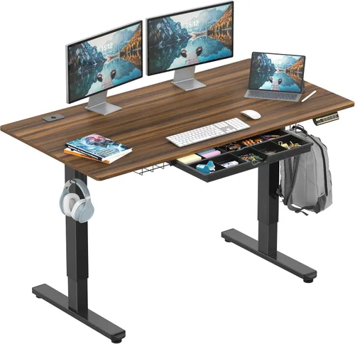 Miniatura 16 de SHW Escritorio eléctrico de pie ajustable de altura de 40 pulgadas con cajón, preajuste de memoria y bandeja de gestión de cables, color marrón
