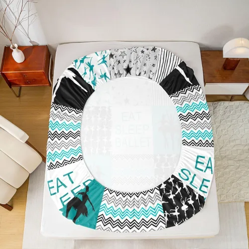 Miniatura 7 de Sábana bajera ajustable de ballet para niñas, juego de ropa de cama de ballet para danza de ballet, sábanas de cama con rayas geométricas onduladas