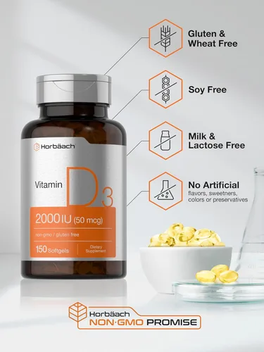 Miniatura 5 de Horbaach Vitamina D3 2000IU cápsulas blandas 150 unidades 50 mcg colecalciferol Suplemento sin OMG y sin gluten