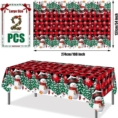 Miniatura 2 de 2 manteles de plástico desechables de Navidad con diseño de muñeco de nieve, mantel rectangular de Navidad con diseño de copo de nieve y búfalo