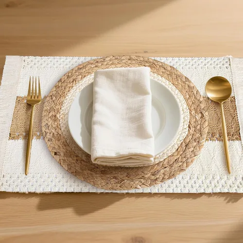 Miniatura 5 de Juego de 6 manteles individuales hechos a mano, hechos a mano, arpillera de algodón natural y paja de agua, combinados, decoración de macramé