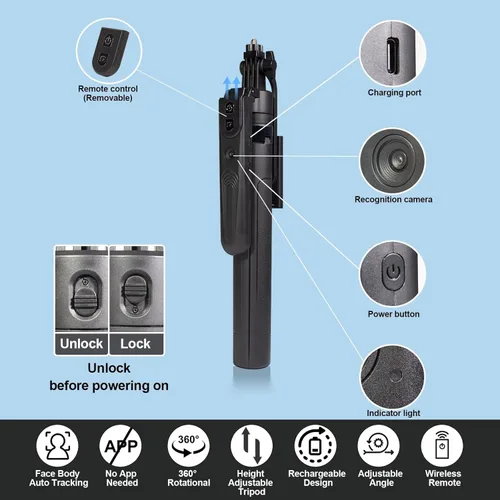 Miniatura 6 de Soporte de Trípode para Teléfono con Seguimiento Automático de Rostro Extensible, Compatible con Android/iPhone, Palos para Selfies con Rotación
