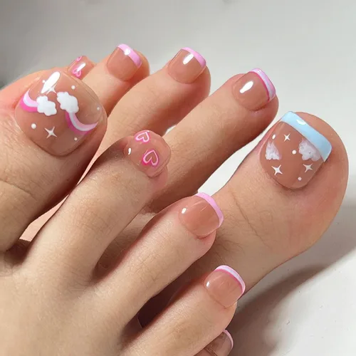 Miniatura 32 de Uñas postizas acrílicas artificiales negras para los dedos de los pies, ataúd a presión con diseños de flores blancas, uñas postizas reutilizables