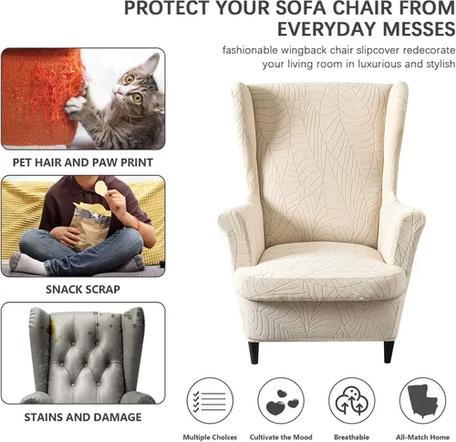 Miniatura 5 de Funda impermeable para silla con respaldo de ala, fundas elásticas de jacquard para silla con respaldo de ala de 2 piezas, funda de sofá